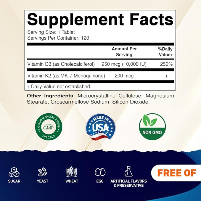 Vitamatic Vitamin D3 K2 Supplements with 10000 IU Vitamin D + 200mcg Vitamin K MK-7 120 Tablets Bone Heart Immune &amp Calcium Support - 2 Pack