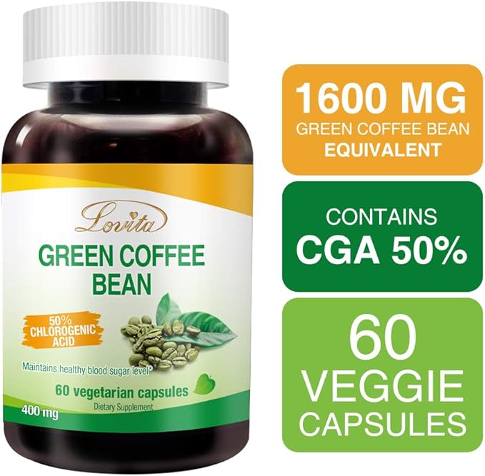 LOVITA Green Coffee Bean Extract Standardized to 50% Chlorogenic Acids 4:1 Concentrated for Metabolism Natural Antioxidant &amp Size-Reduction Support Plant-Based 60 Vegan Capsules
