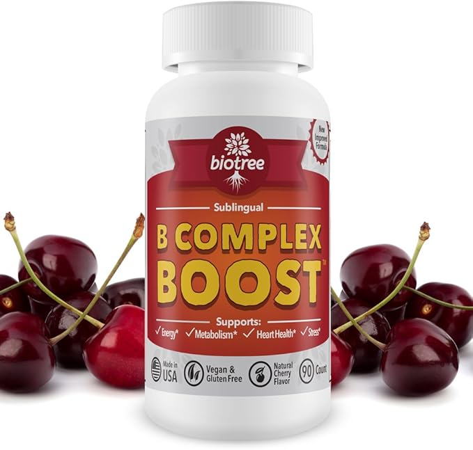 Vitamin B12 Sublingual B Complex Energy Pill B12 Methylcobalamin B6 Biotin &amp Folic Acid Natural Energy Supports Metabolism Heart Health &amp Stress Great Tasting Cherry Flavor! 100% Caffeine Free