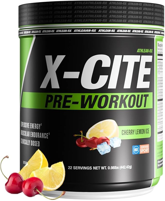 X-CITE Pre-Workout by ATHLEAN-X - Enhanced Formula with Beta-Alanine Creatine &amp Caffeine for Ultimate Energy Endurance Focus &amp Muscle Pump NSF Certified for Sports (Cherry Lemon Ice)