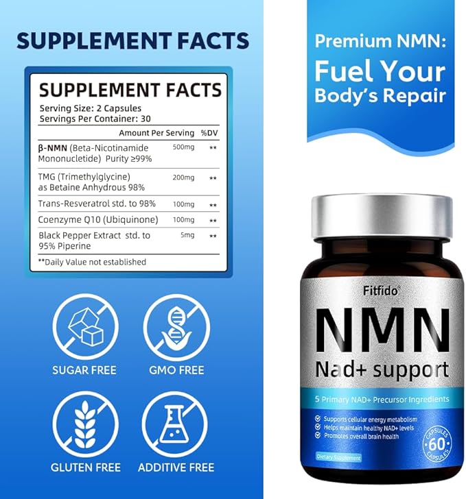 NMN Capsules 250mg with 5-in-1 NAD+ Precursor Complex | Supplement with NMN Resveratrol TMG &amp CoQ10 | Supports NAD Levels DNA Maintenance &amp Anti-Aging |Non-GMO 60 Capsules