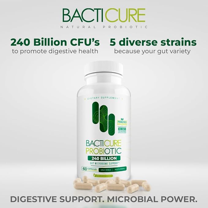 Bacticure Probiotic 60 Capsules | High CFU Probiotics for Women &amp Men | Digestive Support with Prebiotics &amp Digestive Enzymes | Daily Gut Microbiome Balance Regularity &amp Immune Support