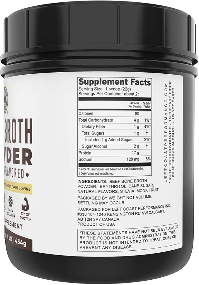 Left Coast Performance Vanilla Bone Broth and Multi Collagen Powder for Joint Hair Skin and Nails Support