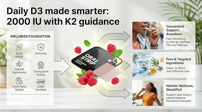 Vitamin D3 + K2 Oral Strips – 30 Count | 100% Natural Gluten‑Free | Immunity Support &amp Bone Health | Fast‑Dissolving Raspberry Strips for Daily Wellness
