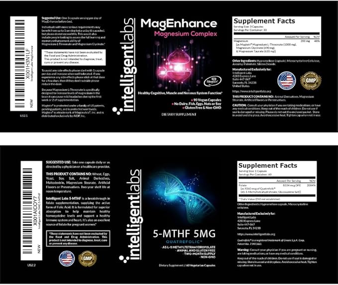 Intelligent Labs 2-in-1 Bundle of MagEnhance Supplement (with Magnesium L-Threonate Glycinate &amp Taurate) and 5MG 5-MTHF Methylfolate as Quatrefolic Acid® (MTHFR Supplement for Methylation Support