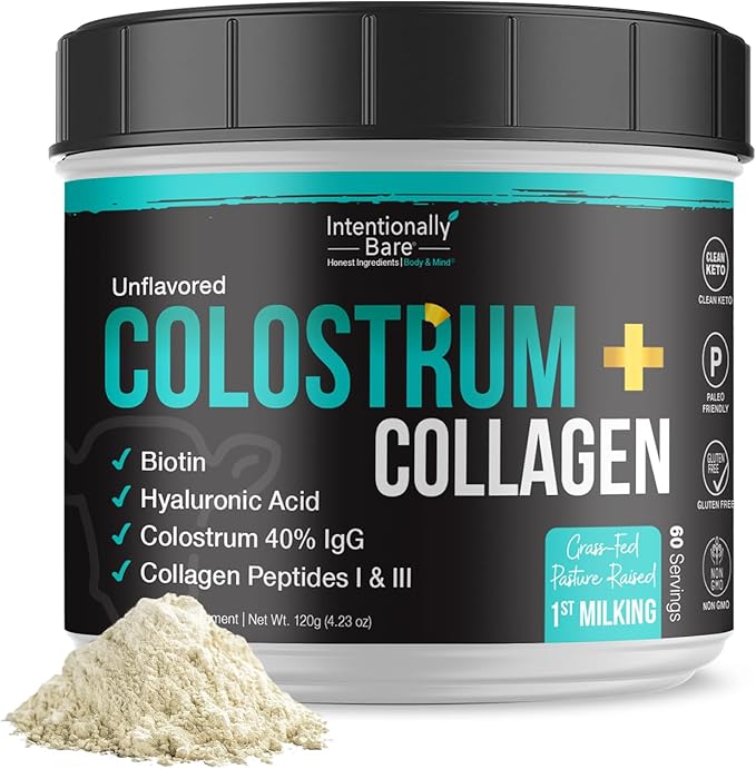 Intentionally Bare Colostrum and Collagen Powder - Bovine Colostrum Powder for Gut Health Immunity Hair Skin and Nails - Unflavored Collagen Supplement with Biotin &amp Hyaluronic Acid - 60 Servin