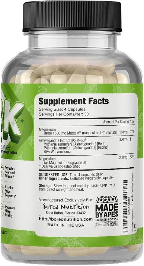 Bored Nutrition M2K: Magtein Magnesium L-threonate &amp Ashwagandha Supplement - 1500mg Magtein 300mg KSM-66 Plus 200mg Magnesium