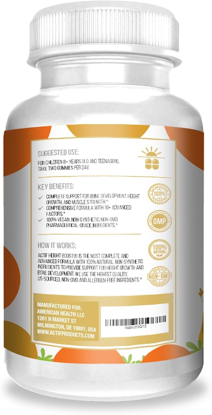 Actif Height Boost Mega Support for Height Growth with 10+ Factors Height Supplement for Kids and Teens 60 Gummies Strawberry Flavor Get Tall Fast Formula