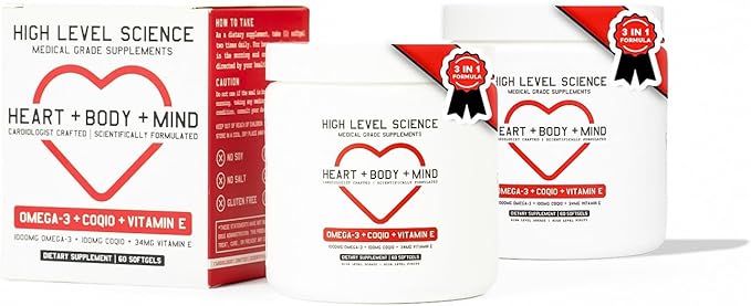 High Level Science CoQ10 Omega-3 Vitamin E - Cardiologist Formulated for Heart + Body + Mind Health with DHA/EPA Antioxidant for Energy Superior Bioavailable Fish Oil - Gluten Free - 2 Pack