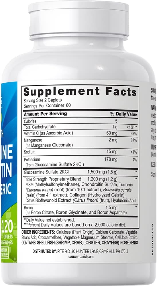 Rite Aid Ts Glucosamine Chon + Msm Caplets 120 Count Supports Healthy Bones and Joints Advanced Formula Non GMO