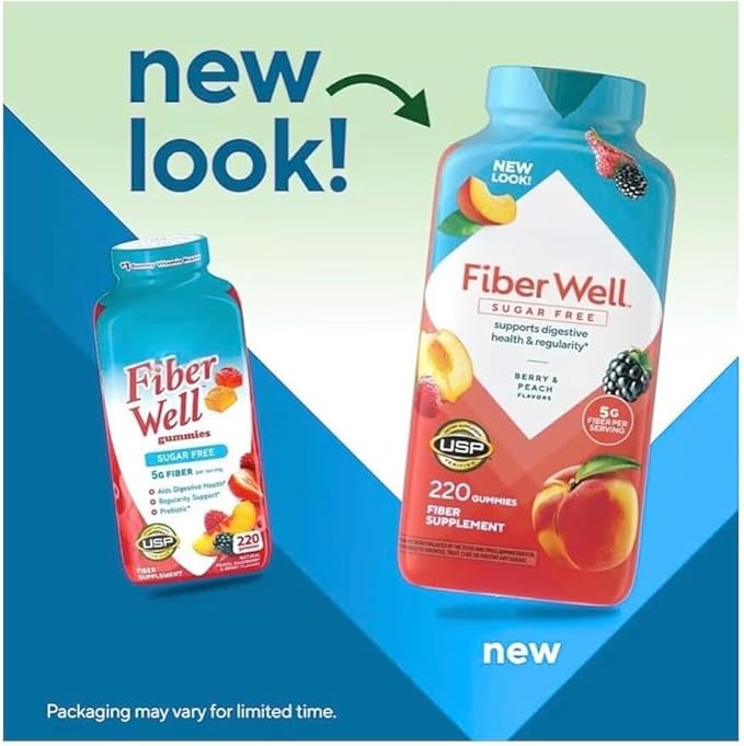 Vita Fiber Well Sugar Free Fiber Gummies – Berry &amp Peach Flavors (220 Count) | Daily Prebiotic Fiber Supplement for Digestive Health Gut Support &amp Regularity | Adult Fiber Gummy Vitamins.