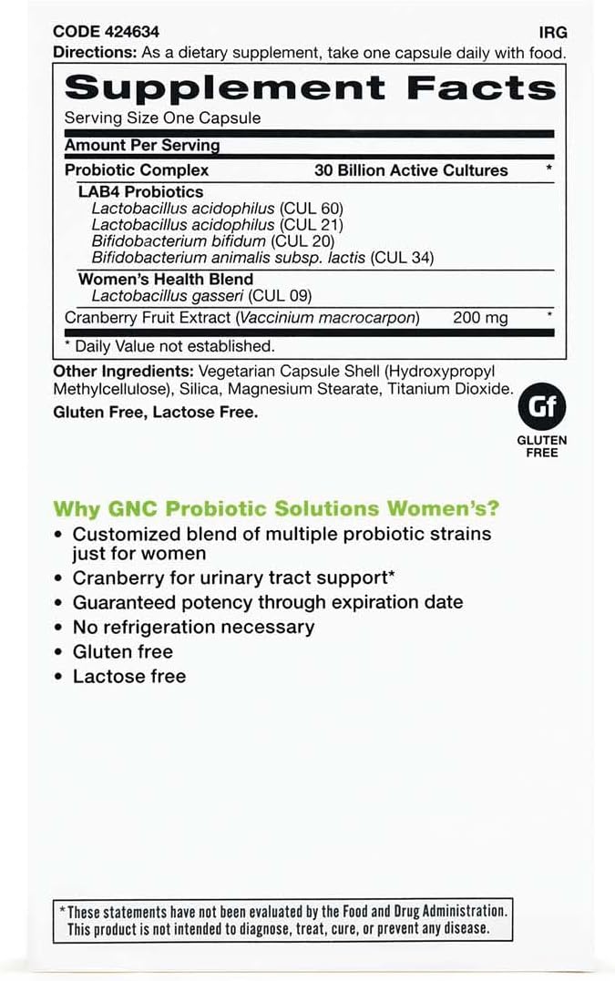 GNC Probiotic Solutions Women's with 30 Billion CFUs Clinically Studied Multi-Strain for Women Supports Digestive and Immune Health Vegetarian 30 Capsules