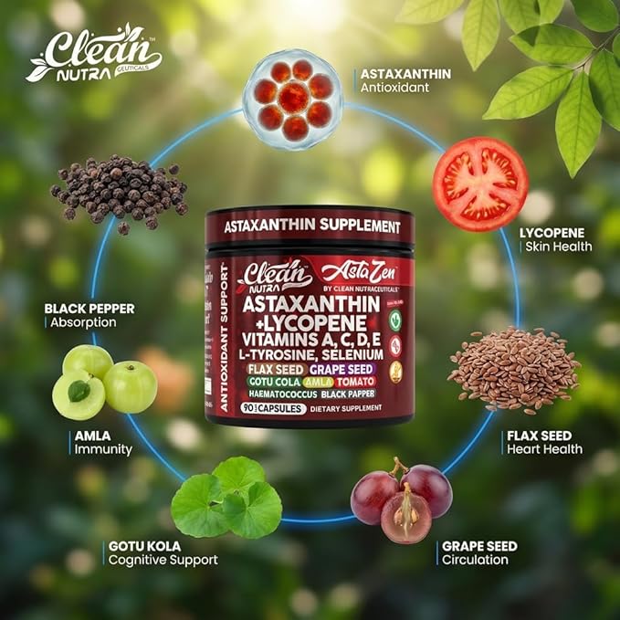 Clean Nutra Astaxanthin 12mg Lycopene Supplement with Vitamin A C D3 E L-Tyrosine Selenium Flax Grape Seed Gotu Kola Amla Black Pepper 90 Complex Veggie Capsules