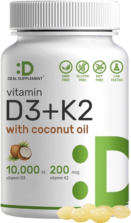 DEAL SUPPLEMENT Vitamin D3 10000iu + K2 200mcg Softgels &amp Magnesium Complex Veggie Capsules Bundle – Essential Sunshine Vitamins with Coconut Oil – High Absorption Chelated Minerals 10-in-1