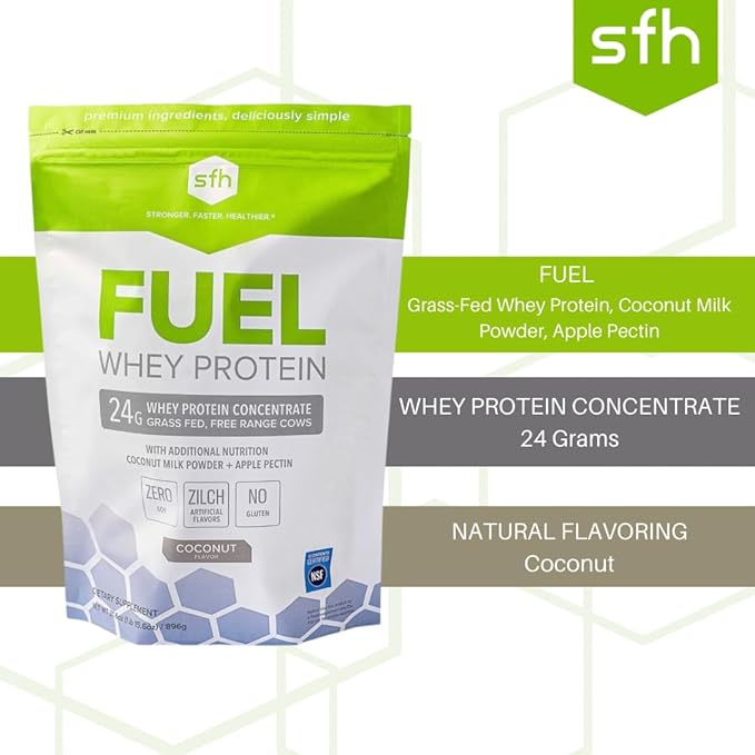 SFH Fuel Whey Protein Powder Great Tasting Grass Fed Whey | MCTs &amp Fiber for Energy | All Natural | Soy Free Gluten Free No RBST No Artificial Flavors (Coconut (2lb Bag))