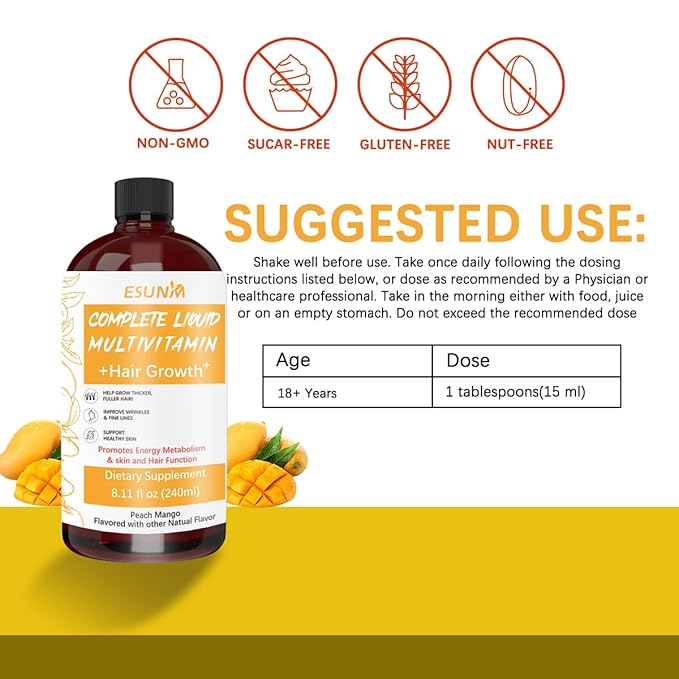 Hair Growth Liquid Multivitamin | Biotin for Hair Growth Supplement | Clinically Tested in Women for Thicker Hair &amp Facial Wrinkle | Skin Care | Ages 18+ | 8.11 Fl Oz