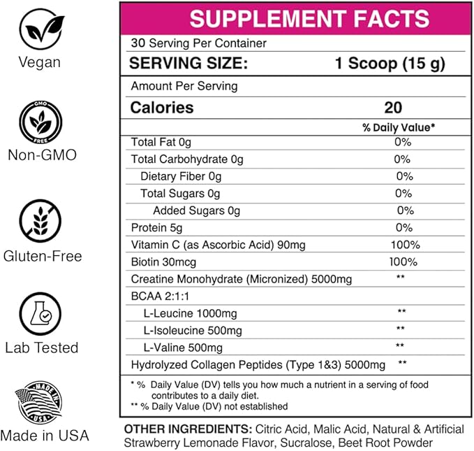 Gaspari Nutrition Proven Creatine for Women 5g of Creatine 5g of Collagen Vitamin C and Collagen Clean Natural Formula Electrolytes for Hydration (30 Servings Strawberry Lemonade)