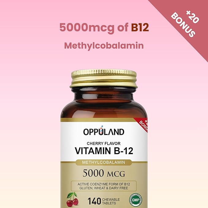 Methyl B-12 5000mcg Chewable with Folate - Vitamin B12 Methylcobalamin Sublingual Tablets - Supports Energy &amp Brain Function - Vegan Supplement - Cherry Flavor - 140 Count