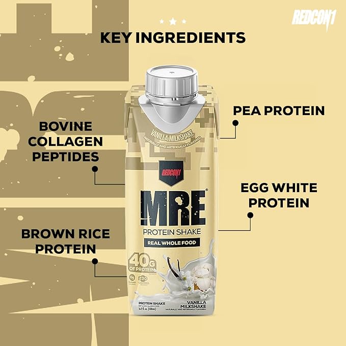 REDCON1 MRE Ready to Drink Protein Shakes Vanilla Milkshake - Protein Drinks with Whole Food Sources - Sugar Free RTD Shake Formulated to Fuel Athletes at Any Time (12 Pack)