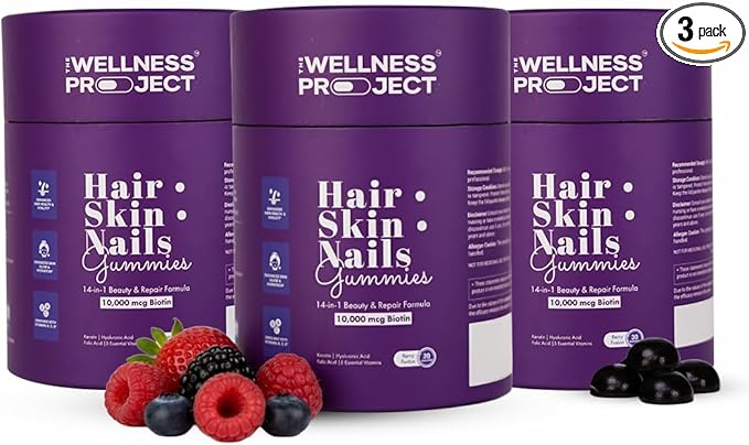 The Wellness Project 14-in-1 Hair Skin &amp Nails Gummies with 10000 mcg Biotin Keratin Hyaluronic &amp Folic Acid Vitamins A C B5 B6 &amp B12 &amp Sea Buckthorn | Tasty Mixed Berry Flavor
