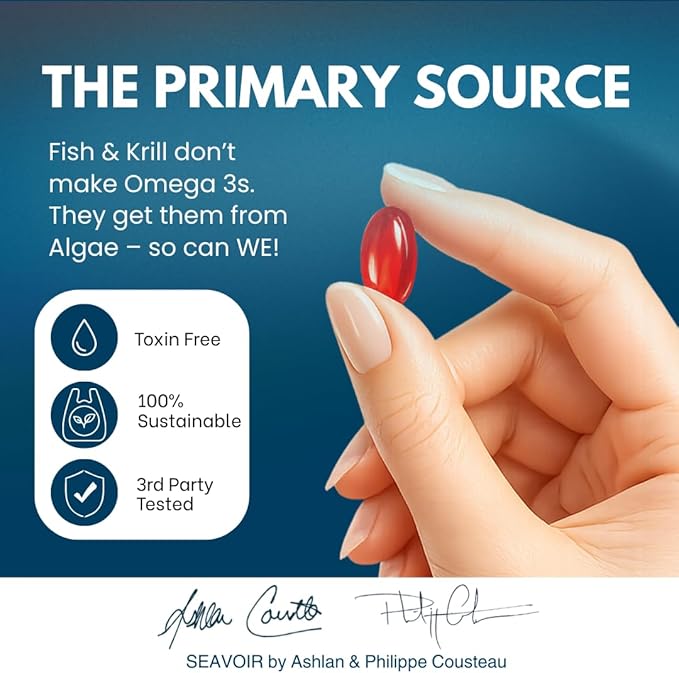 Wellness Omega 3 Algae-Based Supplement with DHA/EPA &amp Astaxanthin Fish Free &amp Vegan with Algae Oil Absorbable Plant Based Omega 3 Plastic Free by Ashlan &amp Philippe Cousteau