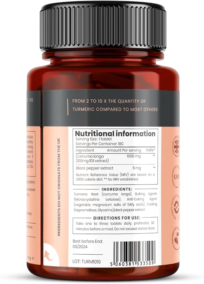Double Strength Turmeric - Massive 1000mg x 360 Tablets - 200% more Turmeric and Natural Levels of the Potent Curcumin per Tablet - with 5mg Black Pepper Extract for 300% Increased Absorption