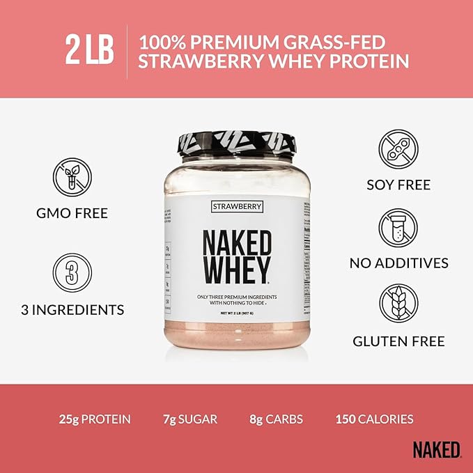 NAKED Strawberry Whey Protein Powder (24 Servings) PB Powdered Peanut Butter 2LB (76 Servings) – Grass-Fed Bulk Non-GMO Gluten Free Soy Free Vegan