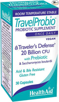 HealthAid TravelProbio 20 Billion CFU Probiotic – Saccharomyces boulardii + Prebiotic (FOS) Acid &amp Bile‑Resistant – Once‑Daily Vegan Gluten‑Free Room‑Temp Stable – Travel Digestive Support