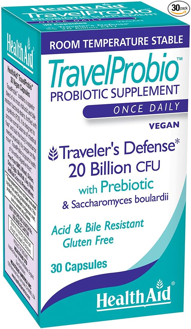 HealthAid TravelProbio 20 Billion CFU Probiotic – Saccharomyces boulardii + Prebiotic (FOS) Acid &amp Bile‑Resistant – Once‑Daily Vegan Gluten‑Free Room‑Temp Stable – Travel Digestive Support