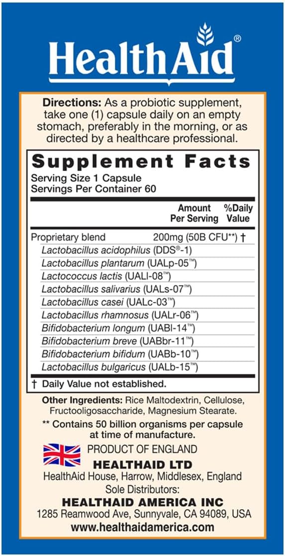 HealthAid ImmuProbio 60 Caps - 50 Billion CFU with Prebiotic Once Daily Acid &amp Bile Resistant Strains Vegan