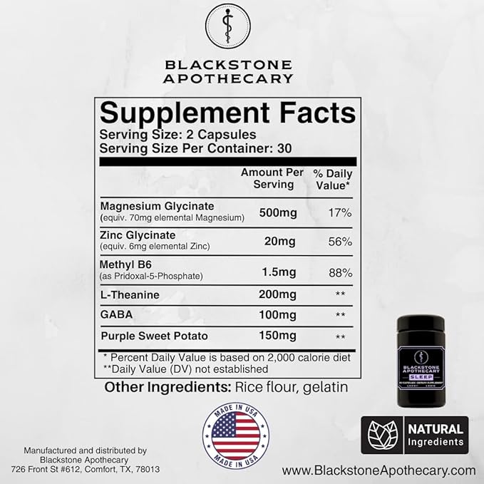 Sleep Supplement - Nutrient-Based - Magnesium Glycinate L-Theanine GABA Active B6 (P5P) Zinc Glycinate - in Black Glass Jar - Natural Lavender Scent - by Blackstone Apothecary