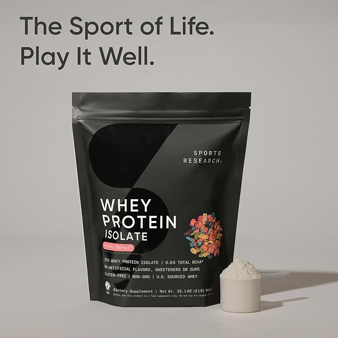 Sports Research® 100% Whey Protein Isolate Fruity Cereal - U.S. Sourced Protein Powder w/BCAAs - No Artificial Flavors or Gums- Informed Sport Tested · Gluten Free - 2lb Bulk Bag 25 Servings