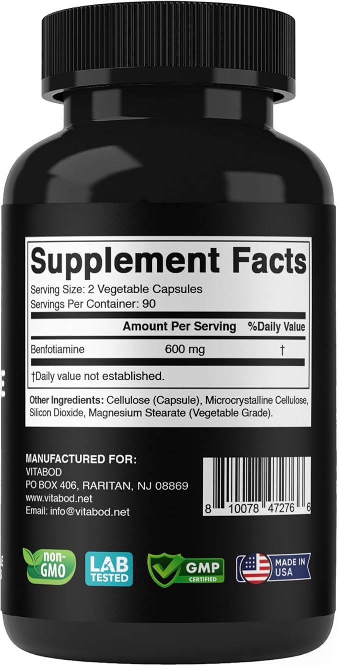 Benfotiamine 600mg – 180 Vegetarian Capsules – Fat-Soluble Vitamin B1 Supplement- 2 Pack