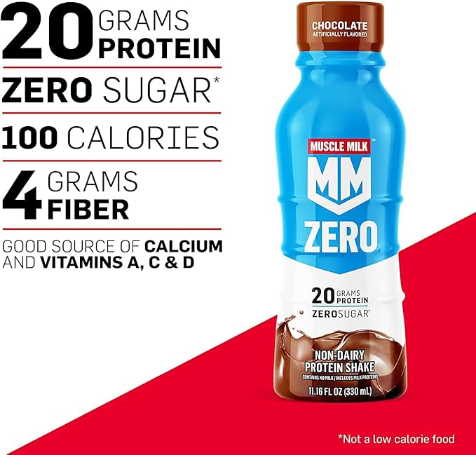 Muscle Mik ZERO Shake Chocolate 11.16 Fl Oz Bottles (Pack of 12) + Muscle Milk Zero 100 Calorie Protein Powder Chocolate 15g Protein 1.65 Pound 25 Servings