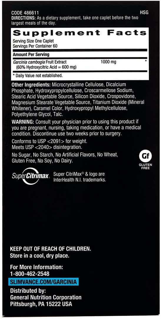 GNC Slimvance BodyDynamix Super Citrimax | Garcinia Cambogia | 60 Count
