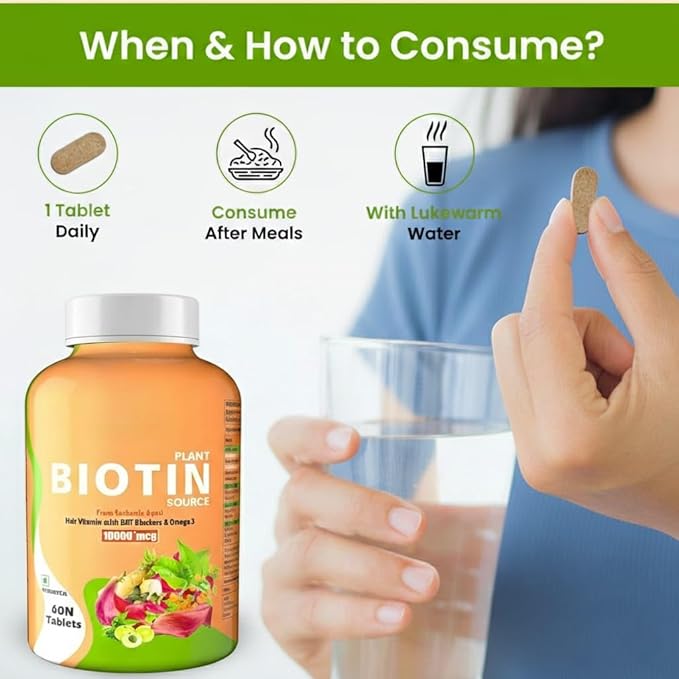 Plant Based Biotin Tablets with High Protein Vitamin DHT Omega 3 for Strong Hairs Nails Growth &amp Glowing Skin - 60 Tablets