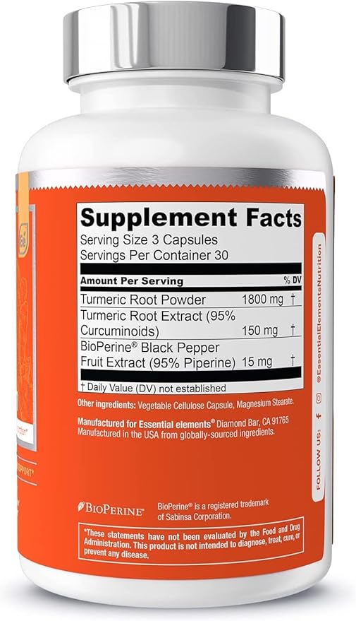 Essential Elements Turmeric Curcumin - Joint Heart &amp Brain Support - with BioPerine for Optimal Absorption 1950 mg - 90 Count - 30 Servings