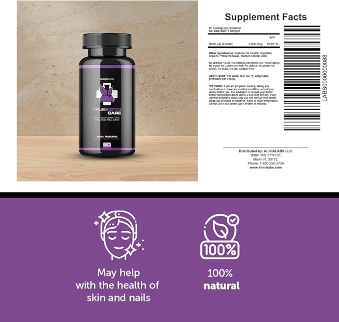 True Biotin Care - Supports Healthy Hair Skin and Nails 5000 mcg Rapid Release 60 Count