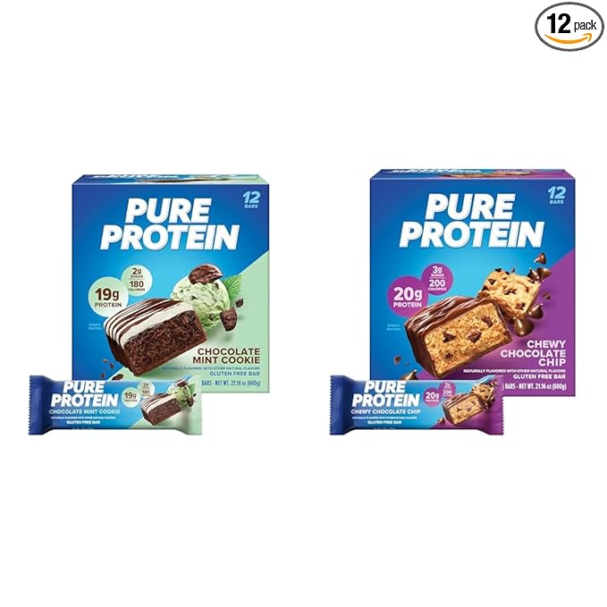Pure Protein Bars Bundle with Chocolate Mint Cookie (19g Protein 12 Count) and Chewy Chocolate Chip (20g Protein 12 Count)