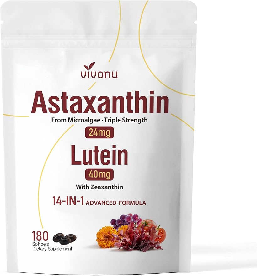 VivoNu 14-in-1 Astaxanthin 24mg &amp Lutein 40mg with Zeaxanthin Supplements 6 Month Supply Fresh Microalgae Source Gluten Free Non-GMO Supports Eye Skin Antioxidant 180 Softgels 1 Bag