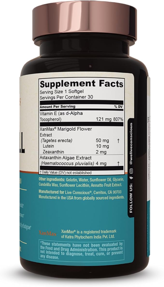 Live Conscious Eye Vitamins Select AREDS 2 Ingredients with Vitamin E Lutein and Astaxanthin - OptiWell Eye Health Supplement and Blue Light Support - 30 Softgels