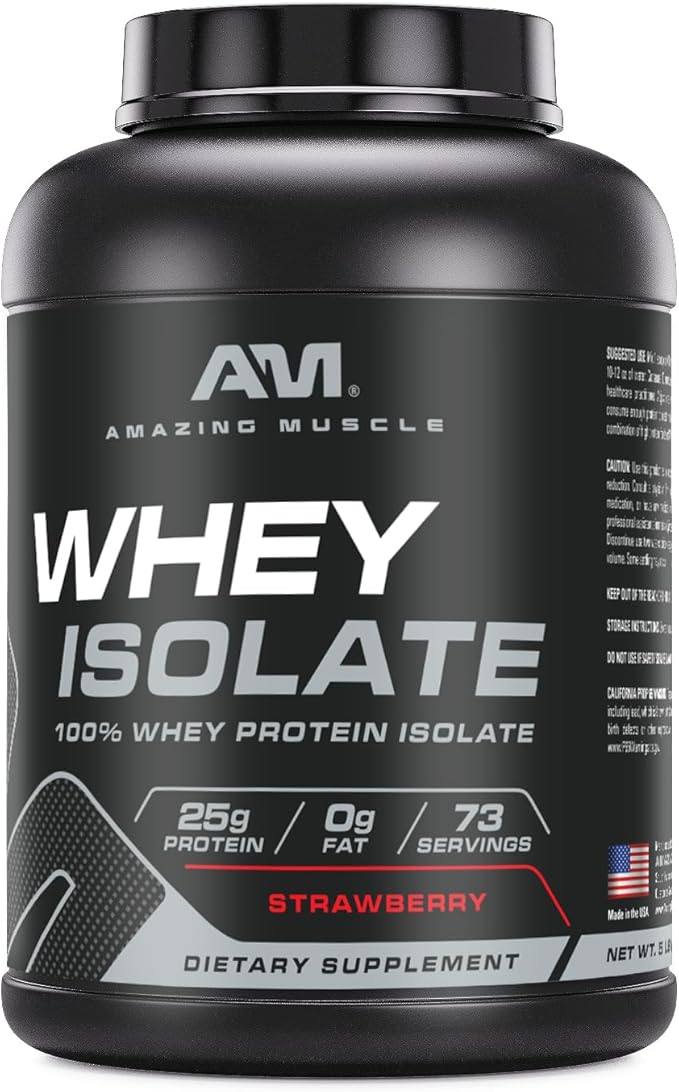 Amazing Muscle Whey Protein Isolate Powder | 25 Grams Protein Per Serving | 100% Whey Isolate | Zero Fat | Made in USA (5 LB Strawberry)