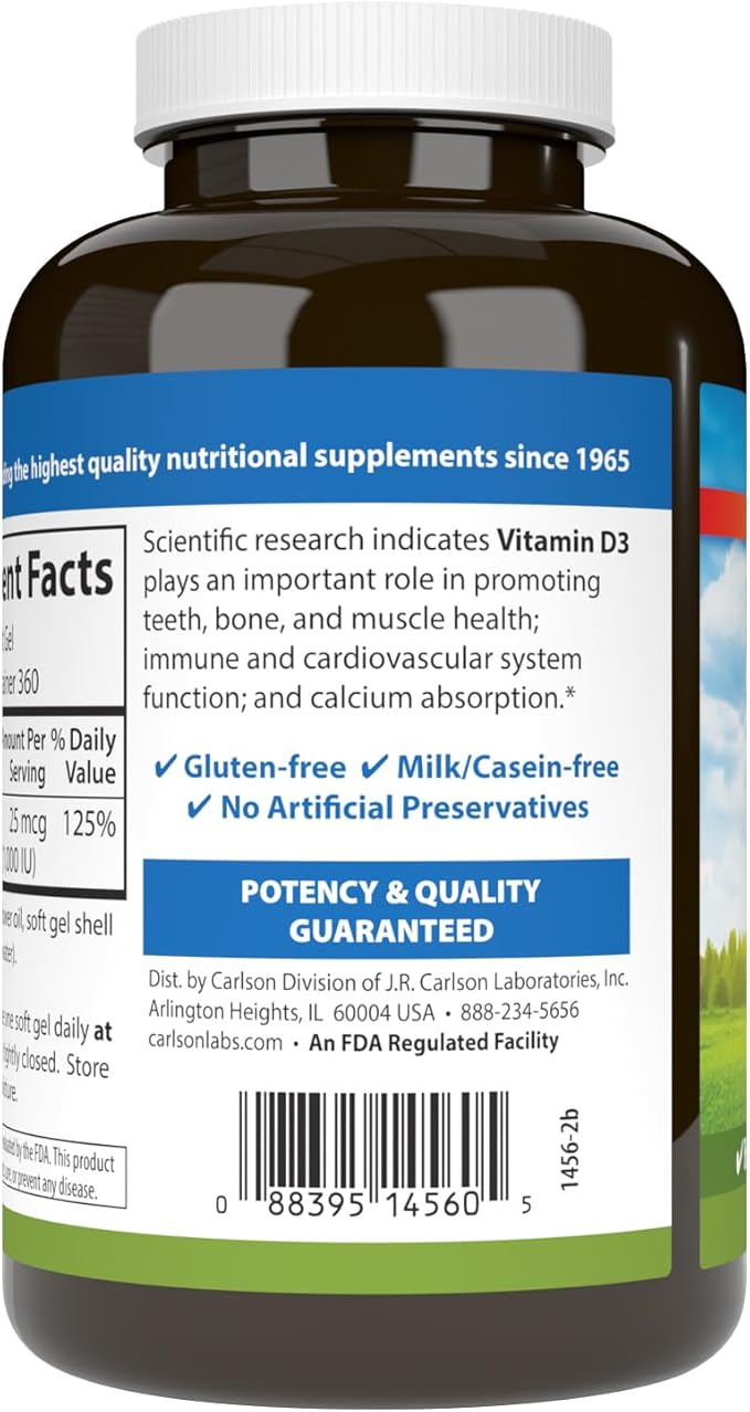 Carlson - Vitamin D3 1000 IU (25 mcg) Bone Health Muscle Health Cholecalciferol Vitamin D Supplements Vitamin D3 Soft Gels 360 Softgels
