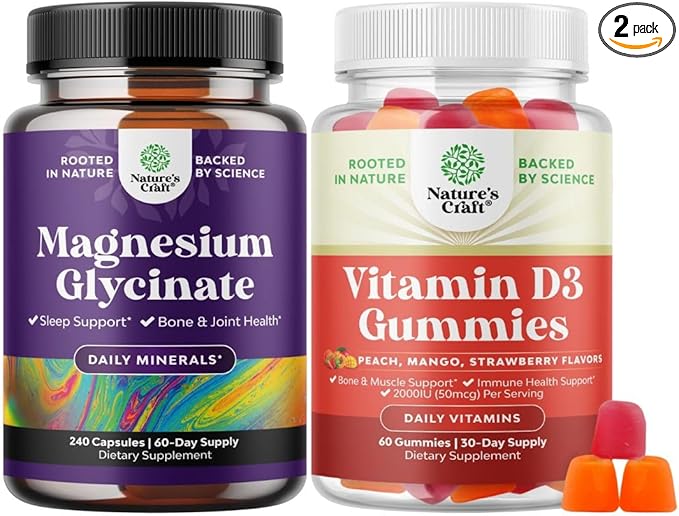 Bundle of Pure Magnesium Glycinate Supplement 400mg Per Serving for Mood Sleep &amp Relaxation Support and Vitamin D3 Gummies for Daily Wellness with 2000IU per Serving Bone Muscle &amp Immune Suppo