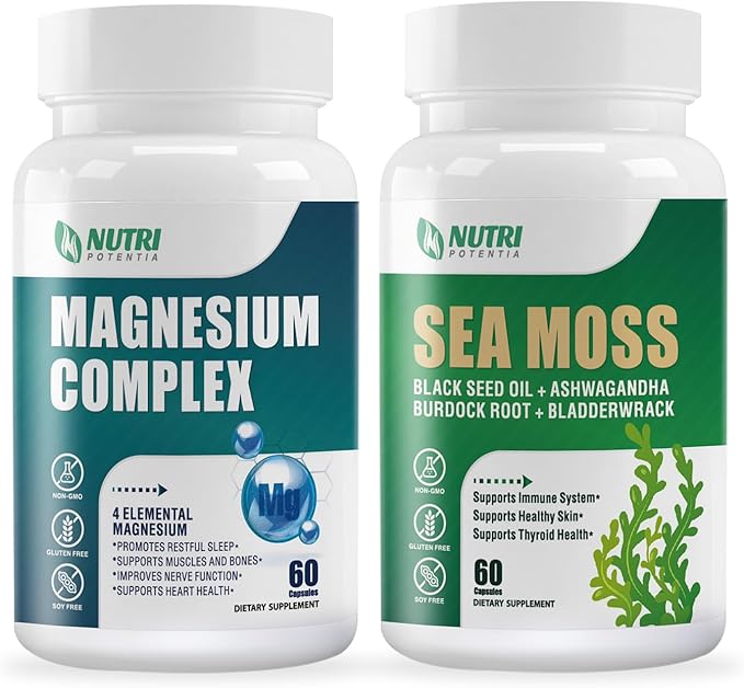 Magnesium Complex Supplement &amp Sea Moss Black Seed Oil Ashwaga - Immune Bone Heart Muscle &amp Nervous System Support