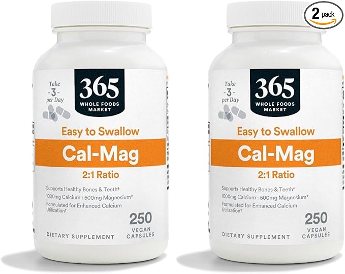 365 by Whole Foods Market Calcium 1000Mg Magnesium 500Mg Easy Swallow 250 Veg Capsules (Pack of 2)