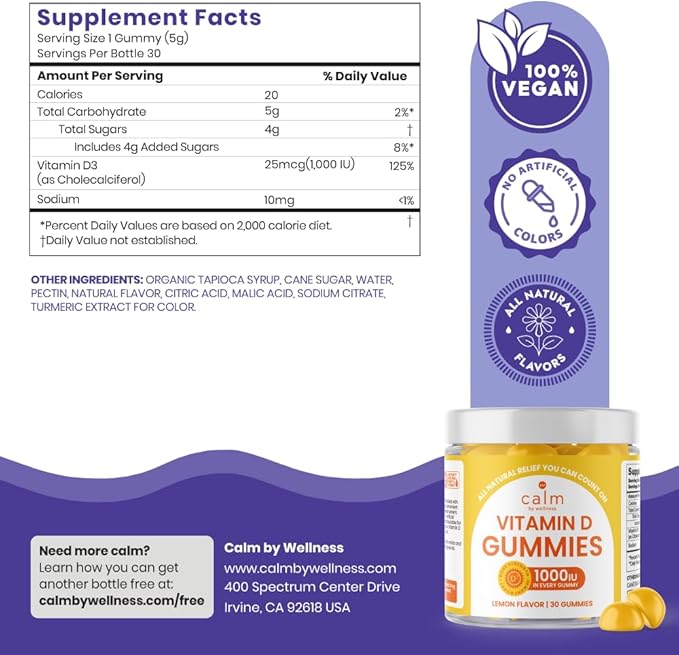 Calm by Wellness Vitamin D Gummies for Adults Vitamin D3 Gummy Vitamins for Bone and Immune System Support Lemon Flavor 30 Count