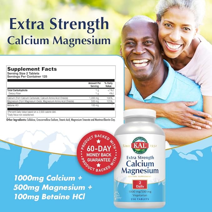KAL Extra Strength Calcium Magnesium Tablets 250 Count