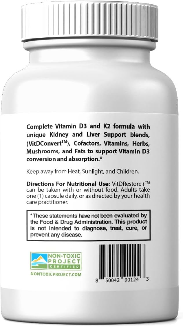 VITDRestore+™ - Vitamin D3 + K2 with Liver and Kidney Support | Soy Free Non-GMO Vegan 30-Day Supply