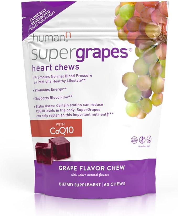 HumanN SuperGrapes Chews Supplement – 100mg CoQ10 and Grape Seed Extract – from The Makers of SuperBeets - Grape Flavor 60 Count